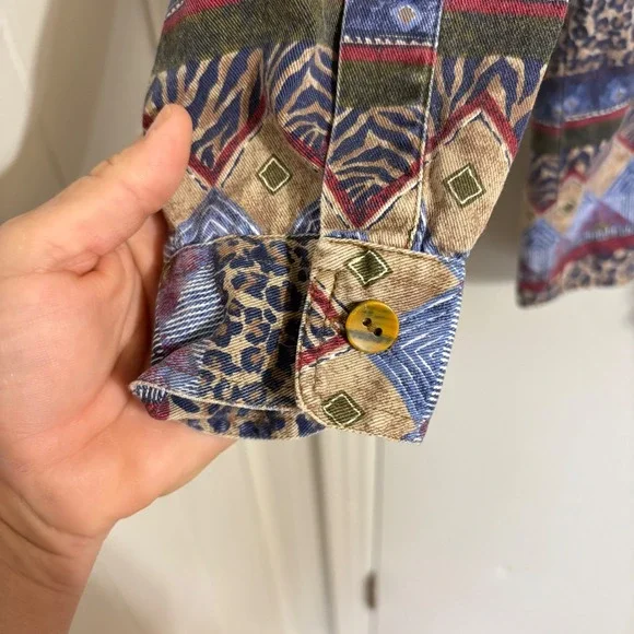 Vintage 90s Mixed Animal Print Geometric Shirt Denim Collar Indiecore XL - Picture 6 of 10